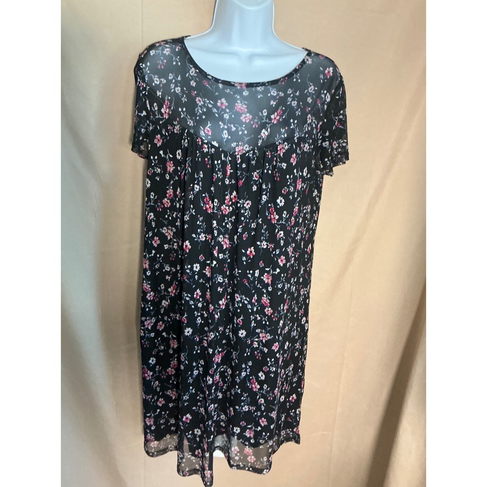 Apt. 9 Floral Mesh Shift Dress Womens Small Black Excellent Sheer Yoke Keyhole
